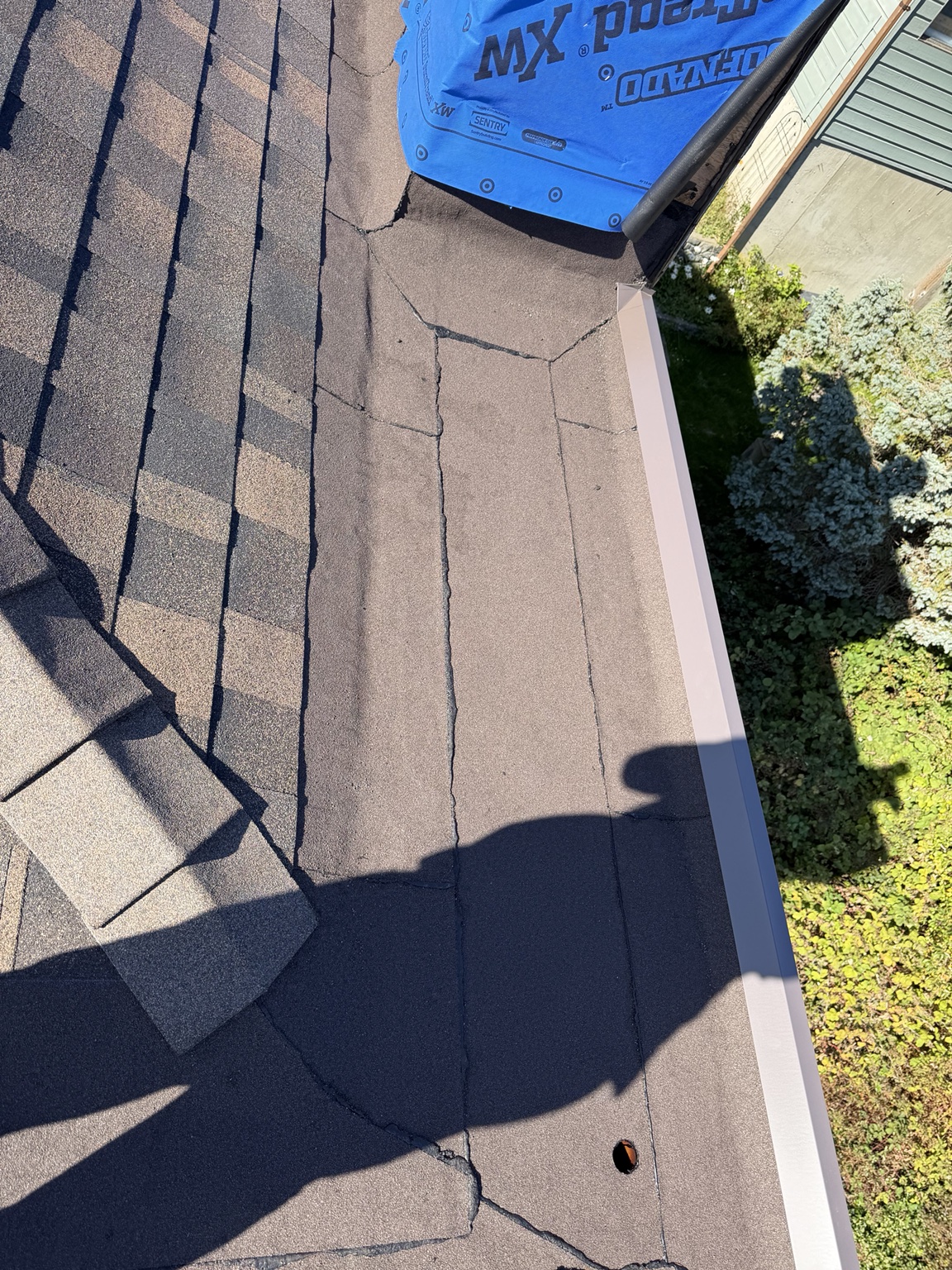 Shingle-to-membrane roof transition with metal drip edge at the edge